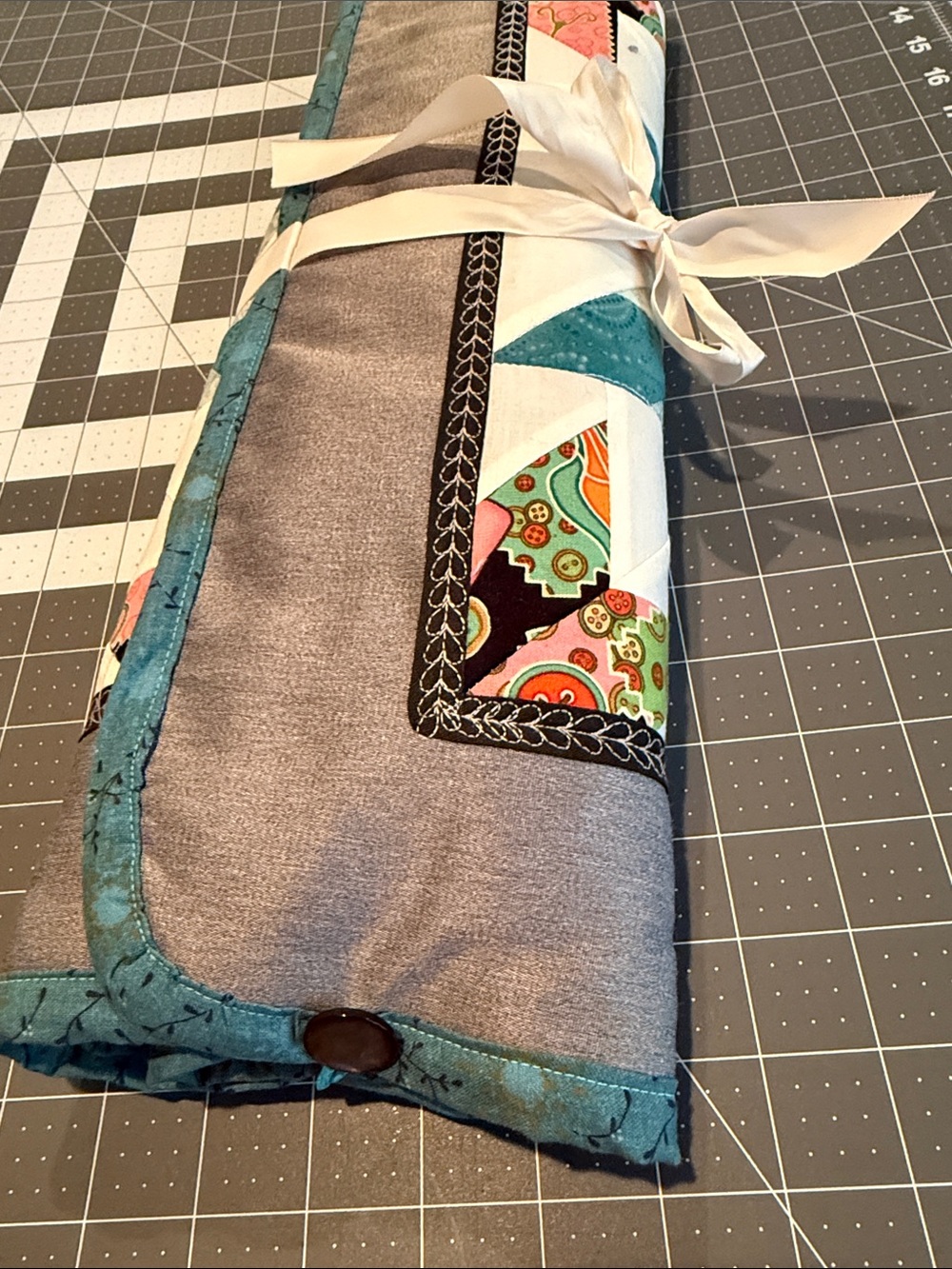 Project Handmade Quilted Roll-Up Organizer - Teal Gray Patchwork - Picture 2 of 13